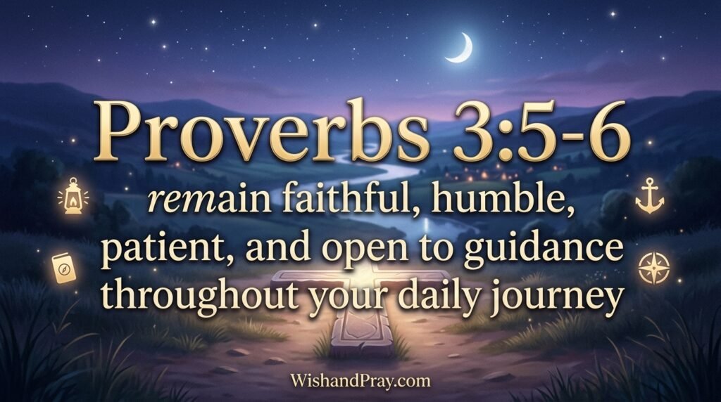 Proverbs 35-6 is a powerful Bible passage about trust, faith, and seeking direction when life feels uncertain. The message encourages us to trust wholeheartedly rather than depending only on our own understanding. There are moments when we may not know what decision to make, which path to follow, or how a difficult situation will turn out. During these times, this Scripture reminds us to remain faithful and keep moving forward with confidence. Trust does not mean that every answer will become clear immediately. Instead, it means choosing faith even when the future is not completely understood. This encouraging Bible verse can bring peace to the heart and help us approach everyday challenges with patience, humility, and hope. It is especially meaningful for anyone beginning a new chapter, facing an important decision, or searching for greater spiritual direction.

The second part of Proverbs 35-6 encourages us to acknowledge God in all our ways. This can be understood as keeping faith at the center of our choices, relationships, goals, responsibilities, and daily actions. Rather than making decisions based only on fear, pressure, or personal assumptions, we can pause and seek wisdom before moving forward. This message is valuable because life does not always follow the plans we create. Sometimes unexpected changes can make us question our direction or lose confidence in ourselves. Proverbs 35-6 encourages a different response remain patient, continue believing, and seek guidance instead of allowing uncertainty to control your thoughts. When we practice trust and humility, we can become more prepared to recognize opportunities, learn from experiences, and move forward with a calmer and more hopeful heart.

For daily encouragement, Proverbs 35-6 can serve as a reminder that you do not have to understand everything before taking the next step. Some answers come with time, experience, patience, and reflection. When you feel confused about your future, worried about a decision, or uncertain about what comes next, return to this Scripture and remember its message of trust and guidance. Let it encourage you to release unnecessary worry and approach each day with faith, wisdom, and courage. This Bible verse is also a beautiful source of inspiration for morning prayers, personal reflection, journaling, and messages of encouragement. By trusting more deeply and seeking direction in your daily life, you can develop greater peace, confidence, patience, and hope while continuing toward a meaningful future.